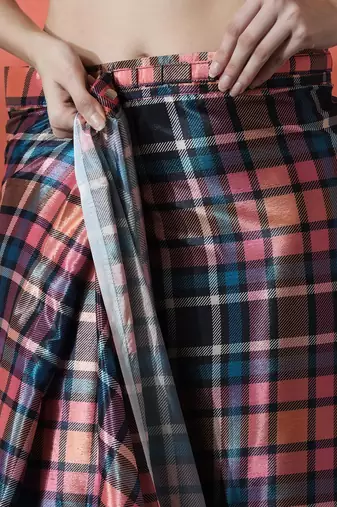Pink ready to wear satin checked digital printed saree