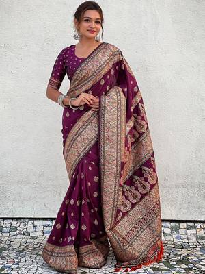 Purple woven design kashmiri work saree with unstitched blouse piece 1