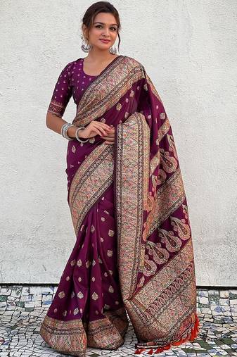 Purple woven design kashmiri work saree with unstitched blouse piece