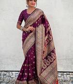 Purple woven design kashmiri work saree with unstitched blouse piece