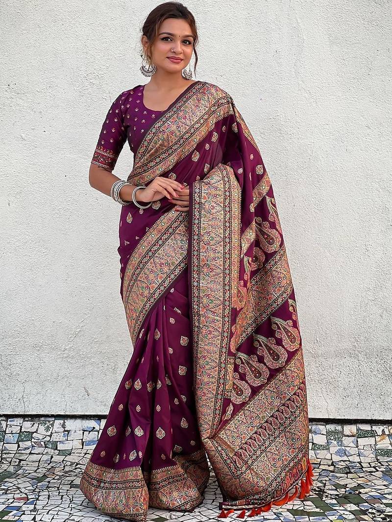Purple woven design kashmiri work saree with unstitched blouse piece