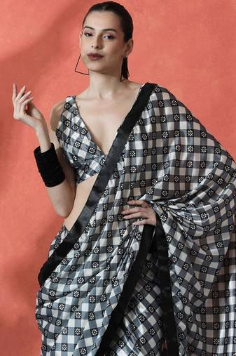 Black ready to wear checked digital printed saree