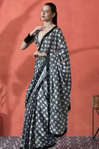 Black ready to wear checked digital printed saree