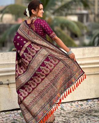 Purple woven design kashmiri work saree with unstitched blouse piece 2