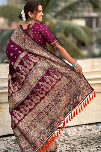 Purple woven design kashmiri work saree with unstitched blouse piece