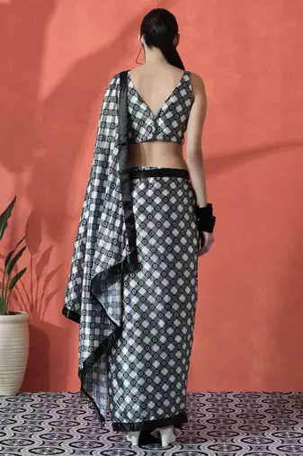 Black ready to wear checked digital printed saree