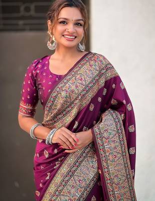 Purple woven design kashmiri work saree with unstitched blouse piece 4