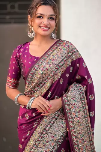 Purple woven design kashmiri work saree with unstitched blouse piece