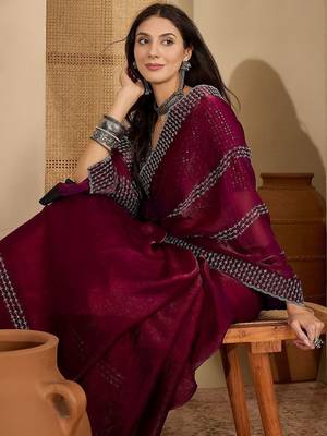 Maroon embellished beads & stones saree with unstitched blouse piece 1