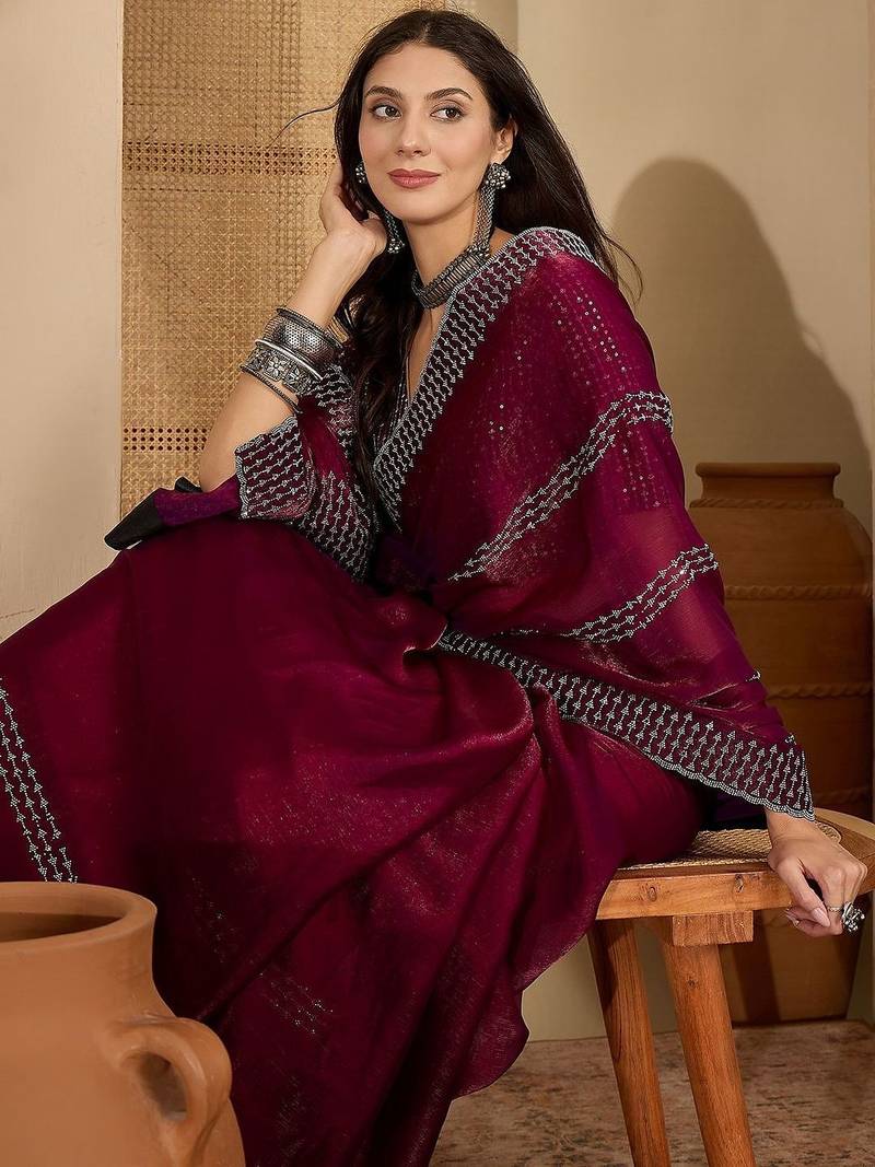 Maroon embellished beads & stones saree with unstitched blouse piece
