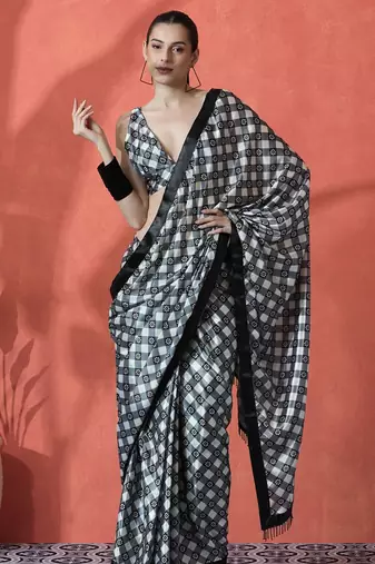 Black ready to wear checked digital printed saree