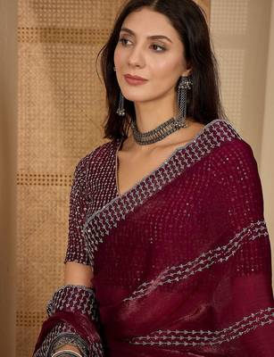 Maroon embellished beads & stones saree with unstitched blouse piece 2