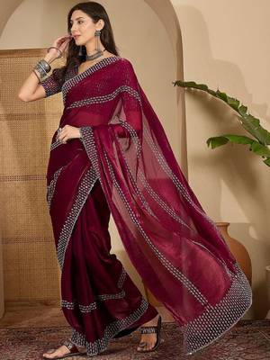 Maroon embellished beads & stones saree with unstitched blouse piece 3