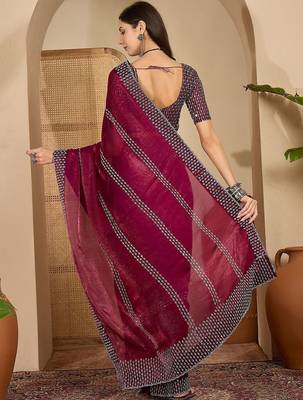 Maroon embellished beads & stones saree with unstitched blouse piece 4