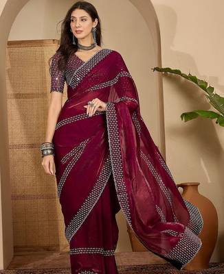Maroon embellished beads & stones saree with unstitched blouse piece 5