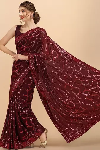 Burgundy burgundy embellished  georgette saree