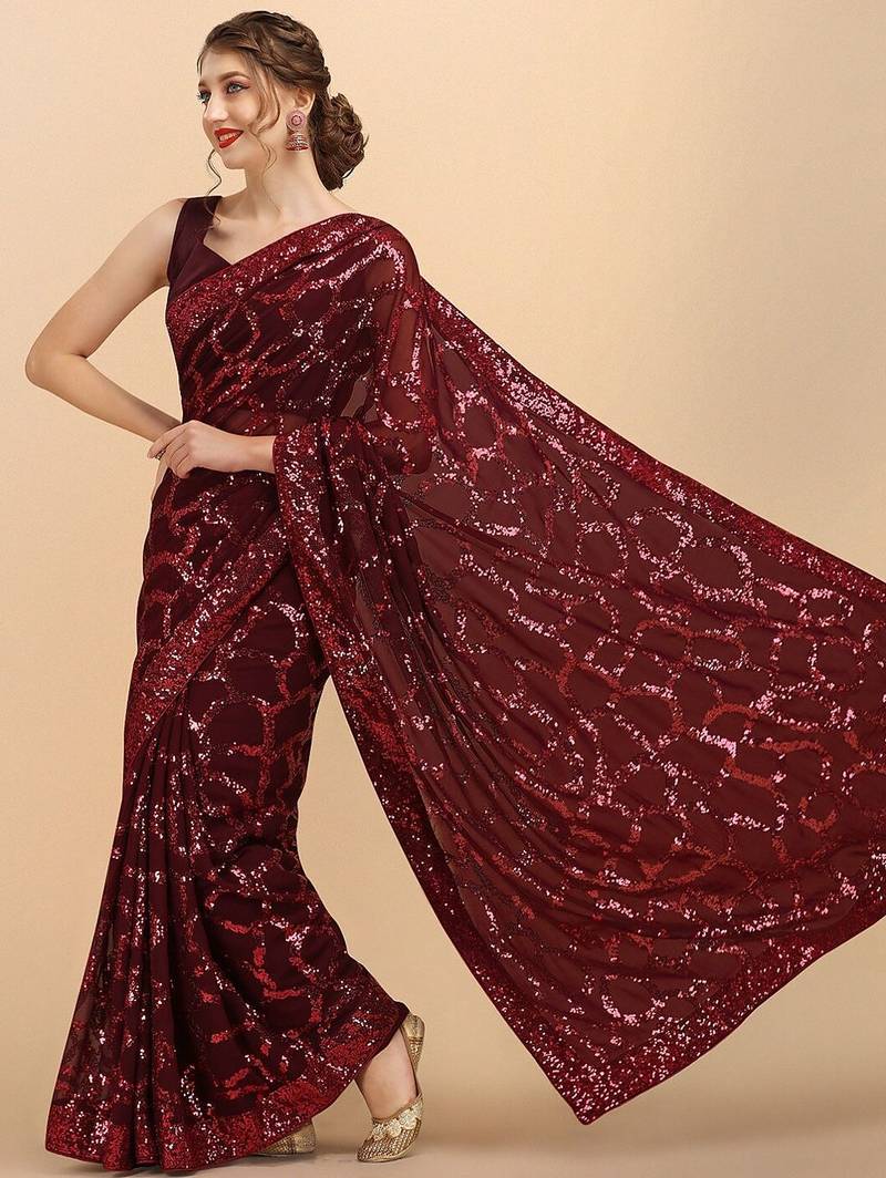 Burgundy burgundy embellished  georgette saree