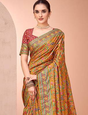 Mustard ethnic motifs printed patola saree 1