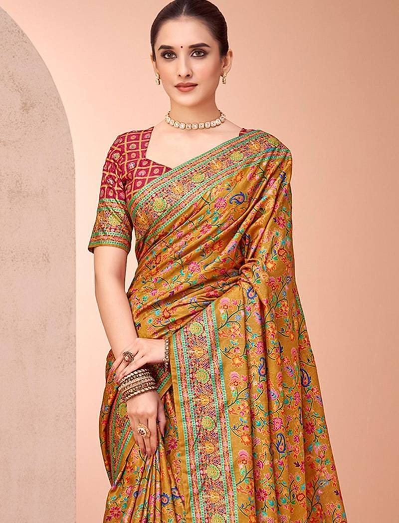 Mustard ethnic motifs printed patola saree