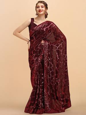 Burgundy burgundy embellished  georgette saree 4