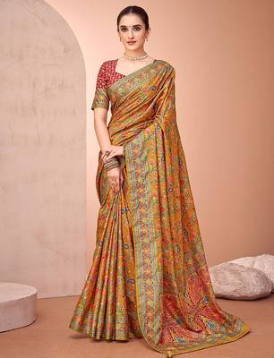 Mustard ethnic motifs printed patola saree 2