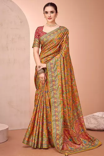 Mustard ethnic motifs printed patola saree