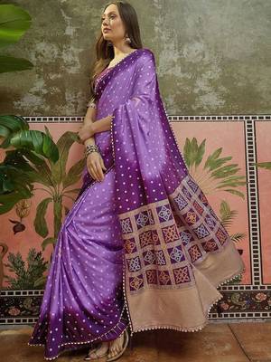 Purple bandhani printed sarees with unstitched blouse piece 1