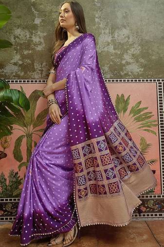 Purple bandhani printed sarees with unstitched blouse piece