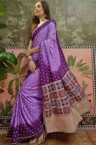 Purple bandhani printed sarees with unstitched blouse piece