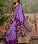 Purple bandhani printed sarees with unstitched blouse piece