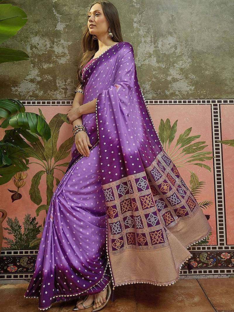 Purple bandhani printed sarees with unstitched blouse piece