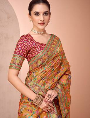 Mustard ethnic motifs printed patola saree 4