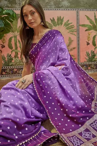 Purple bandhani printed sarees with unstitched blouse piece