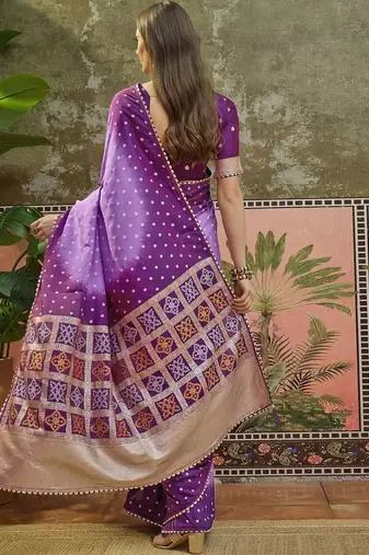 Purple bandhani printed sarees with unstitched blouse piece