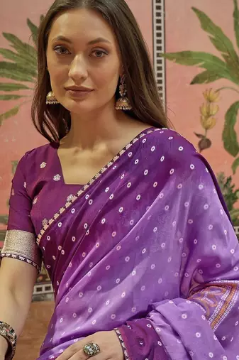 Purple bandhani printed sarees with unstitched blouse piece