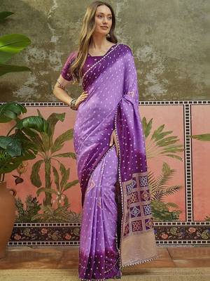 Purple bandhani printed sarees with unstitched blouse piece 5
