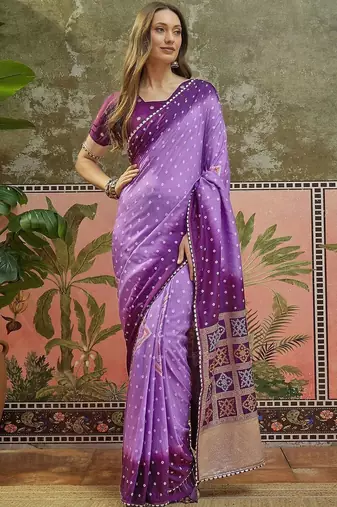 Purple bandhani printed sarees with unstitched blouse piece