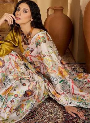 White floral printed saree with beaded detail & unstitched blouse 1