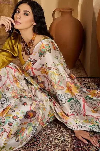 White floral printed saree with beaded detail & unstitched blouse