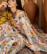 White floral printed saree with beaded detail & unstitched blouse