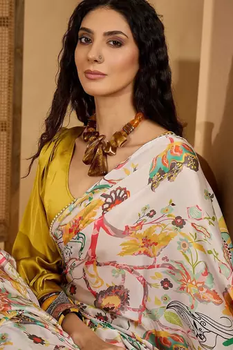 White floral printed saree with beaded detail & unstitched blouse