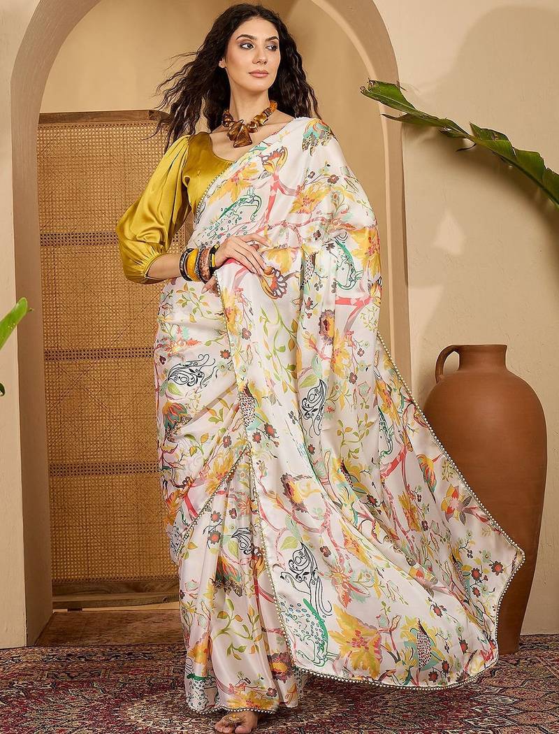White floral printed saree with beaded detail & unstitched blouse