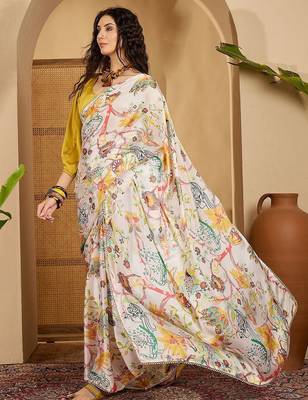 White floral printed saree with beaded detail & unstitched blouse 4