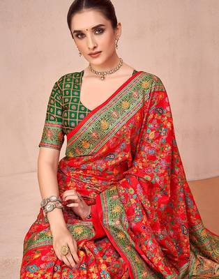 Red ethnic motifs printed festive wear saree with matching unstitched blouse 1