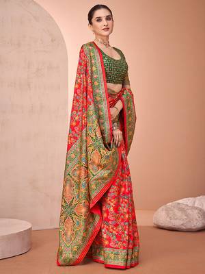 Red ethnic motifs printed festive wear saree with matching unstitched blouse 2