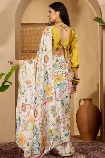 White floral printed saree with beaded detail & unstitched blouse