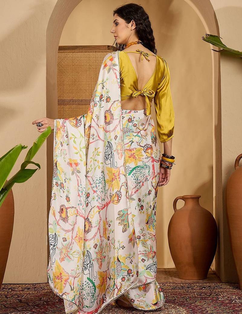White floral printed saree with beaded detail & unstitched blouse