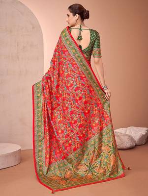 Red ethnic motifs printed festive wear saree with matching unstitched blouse 3