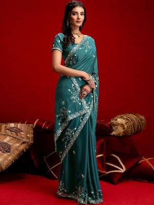 Teal embroidered sarees blouse piece 1