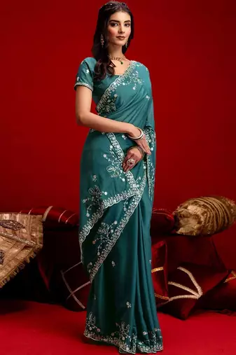Teal embroidered sarees blouse piece